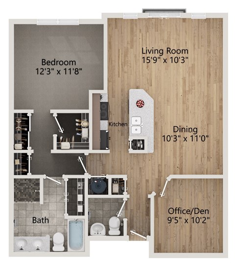Floor plan for 1 bed, 1.5 baths, 1125 sqft